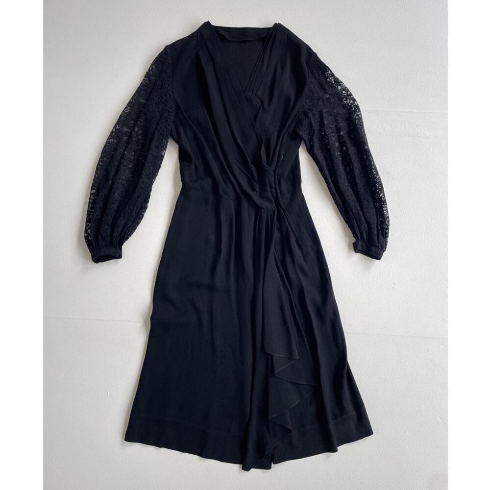Vtg 40s Black Long Lace Sleeve V Neck Cocktail Dress / S/M / Wrap Style Gothic